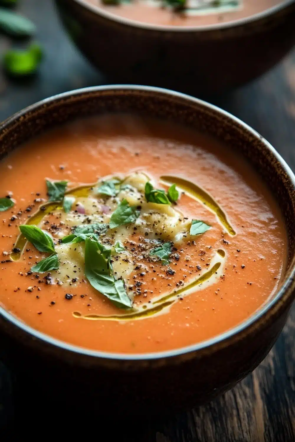 Creamy pepper jack tomato soup - the image shows two bowls of tomato soup on a wooden table. the soup is a bright orange color and appears to be thick and creamy. on top of the soup, there is a dollop of sour cream and a sprinkle of black pepper. there are also a few fresh basil leaves scattered on top. the bowls are brown and have a textured surface. the background is blurred, but it seems to be a rustic kitchen countertop.