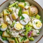 Creamy potato and egg salad - the image is a close-up of a bowl of potato salad. the bowl is made of light-colored ceramic and is placed on a white wooden table. the salad is made up of diced potatoes, diced celery, red onions, and hard-boiled eggs. the potatoes are arranged in a pile and are topped with a creamy dressing. the dressing is drizzled over the top of the potatoes and is garnished with fresh parsley. the overall appearance of the salad is colorful and appetizing.