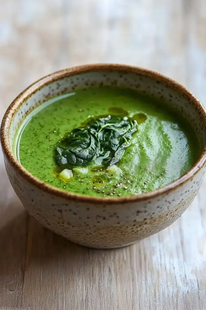 Creamy soup with spinach - the image is a close-up of a bowl of green soup on a wooden table. the soup appears to be a creamy green color and has a smooth texture. on top of the soup, there is a small amount of fresh spinach leaves, which are a vibrant green color. the bowl is made of ceramic and has speckled edges. the background is blurred, making the bowl the focal point of the image.