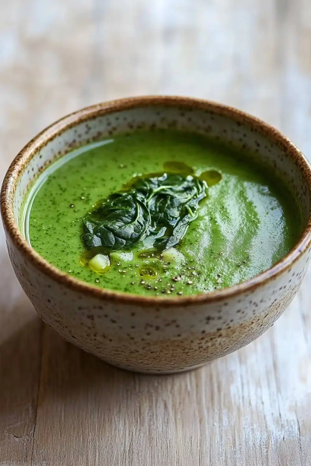 Creamy soup with spinach - the image is a close-up of a bowl of green soup on a wooden table. the soup appears to be a creamy green color and has a smooth texture. on top of the soup, there is a small amount of fresh spinach leaves, which are a vibrant green color. the bowl is made of ceramic and has speckled edges. the background is blurred, making the bowl the focal point of the image.