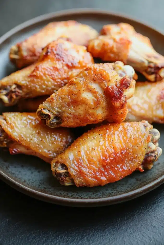 Crispy chicken wings without frying - the image shows a plate of grilled chicken wings. the wings are golden brown and appear to be seasoned with herbs and spices. they are arranged in a circular pattern on the plate, with some overlapping each other. the plate is dark brown and has a textured surface. the background is blurred, but it appears to be a wooden table or countertop.