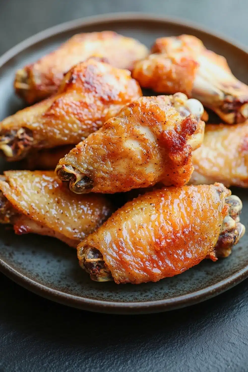 Crispy chicken wings without frying - the image shows a plate of grilled chicken wings. the wings are golden brown and appear to be seasoned with herbs and spices. they are arranged in a circular pattern on the plate, with some overlapping each other. the plate is dark brown and has a textured surface. the background is blurred, but it appears to be a wooden table or countertop.