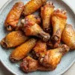 Crispy juicy baked chicken wings - the image shows a plate of chicken wings. the wings are golden brown and appear to be seasoned with herbs and spices. they are arranged in a circular pattern on the plate, with some overlapping each other. the plate is light blue with a speckled pattern around the edges. the background is a white wooden surface.