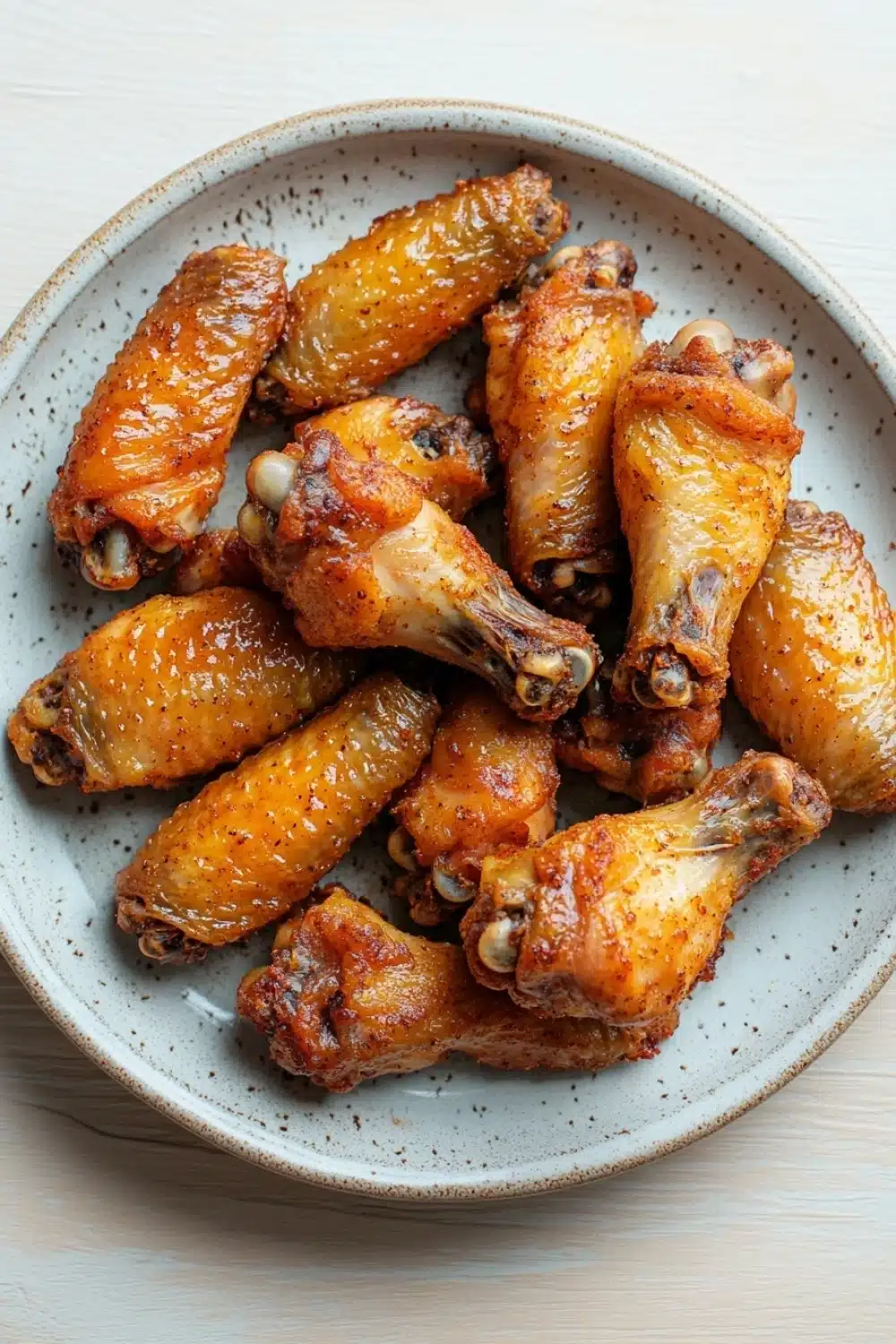 Crispy juicy baked chicken wings - the image shows a plate of chicken wings. the wings are golden brown and appear to be seasoned with herbs and spices. they are arranged in a circular pattern on the plate, with some overlapping each other. the plate is light blue with a speckled pattern around the edges. the background is a white wooden surface.