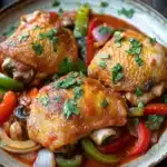 Crock pot chicken cacciatore - the image shows a plate of food with two pieces of chicken drumsticks in a tomato-based sauce. the drumsticks are golden brown and appear to be seasoned with herbs and spices. the sauce is a deep red color and is drizzled over the drumsticks. there are also sliced red and green bell peppers, onions, and mushrooms scattered throughout the dish. the plate is sitting on a wooden table with a rustic background. the overall presentation of the dish is colorful and appetizing.