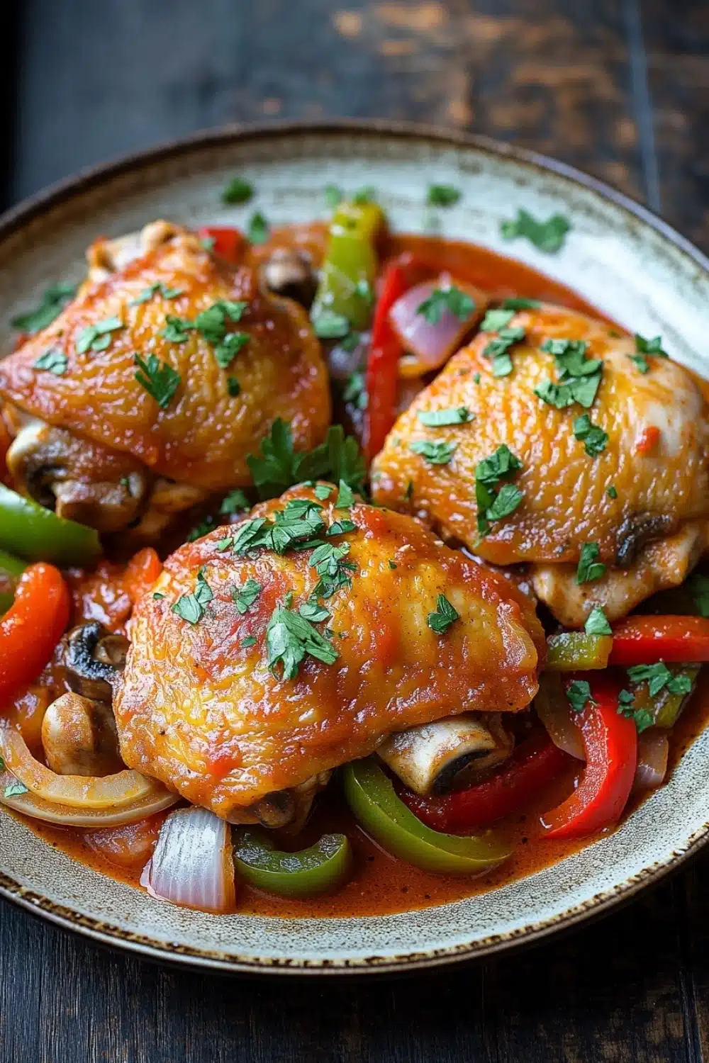 Crock pot chicken cacciatore - the image shows a plate of food with two pieces of chicken drumsticks in a tomato-based sauce. the drumsticks are golden brown and appear to be seasoned with herbs and spices. the sauce is a deep red color and is drizzled over the drumsticks. there are also sliced red and green bell peppers, onions, and mushrooms scattered throughout the dish. the plate is sitting on a wooden table with a rustic background. the overall presentation of the dish is colorful and appetizing.