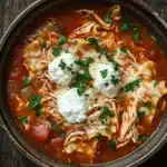 Crock pot chicken lasagna soup - the image is a close-up of a bowl of soup on a wooden table. the soup appears to be a tomato-based dish with chunks of chicken and tortellini in it. the broth is a deep red color and there are chunks of tomato visible in the soup. on top of the soup, there are two dollop of sour cream and a sprig of fresh parsley. the bowl is made of dark brown ceramic and has a textured surface. the background is blurred, making the soup the focal point of the image.