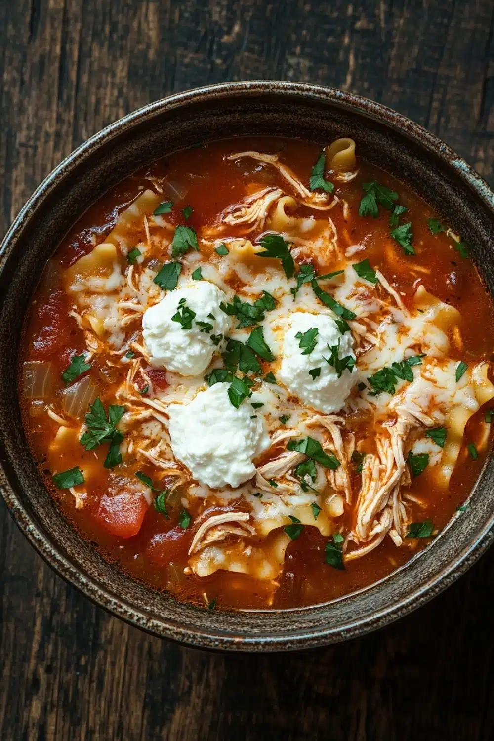 Crock pot chicken lasagna soup - the image is a close-up of a bowl of soup on a wooden table. the soup appears to be a tomato-based dish with chunks of chicken and tortellini in it. the broth is a deep red color and there are chunks of tomato visible in the soup. on top of the soup, there are two dollop of sour cream and a sprig of fresh parsley. the bowl is made of dark brown ceramic and has a textured surface. the background is blurred, making the soup the focal point of the image.