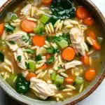 Crock pot chicken orzo soup - the image is a close-up of a bowl of soup. the soup appears to be a vegetable soup with chunks of chicken, carrots, celery, and other vegetables mixed in. the bowl is made of ceramic and has a brown rim. the broth is a light brown color and looks thick and creamy. there are also some green herbs scattered throughout the soup, adding a pop of color to the dish. the background is a white marble countertop.
