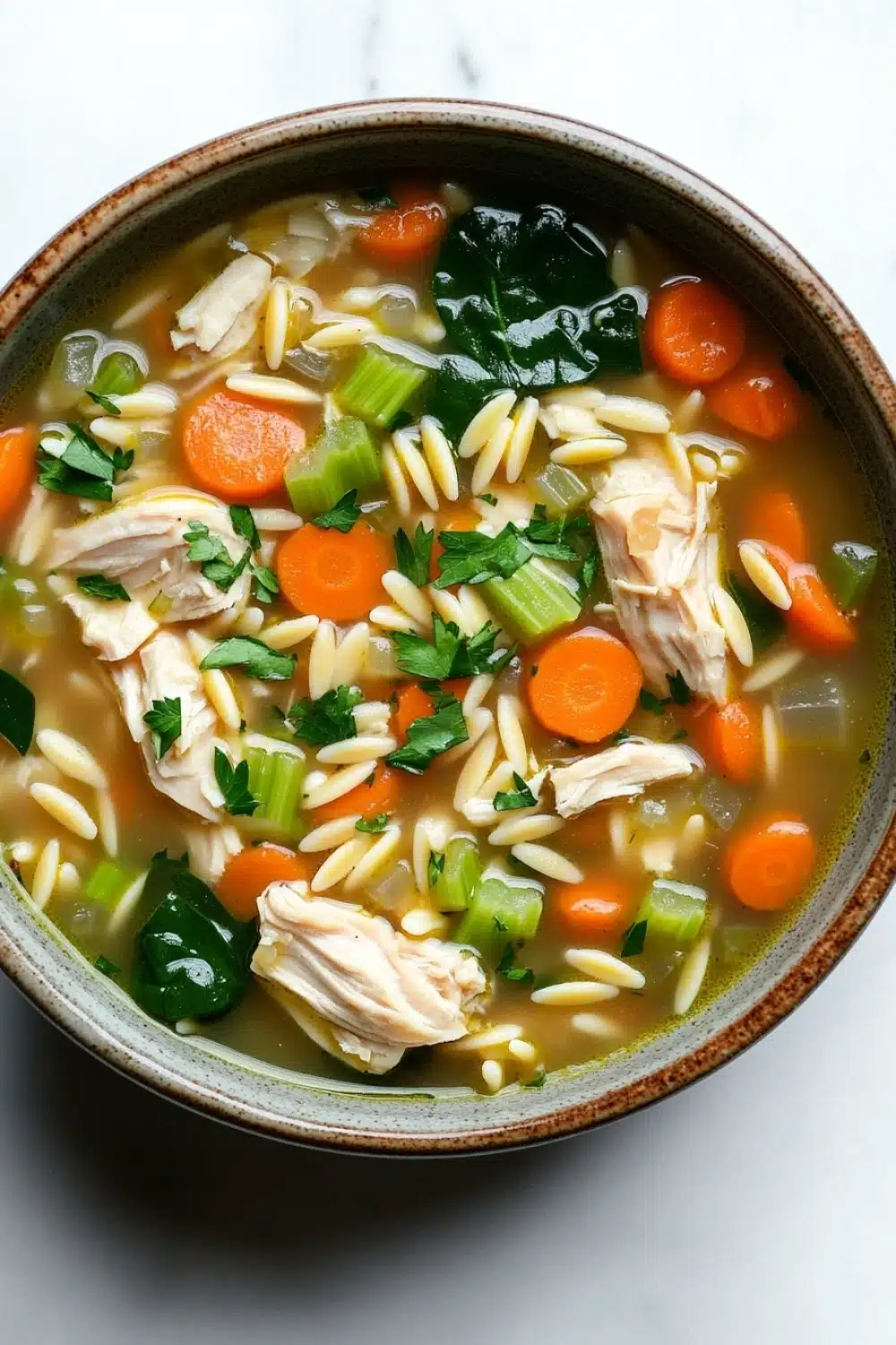 Crock pot chicken orzo soup - the image is a close-up of a bowl of soup. the soup appears to be a vegetable soup with chunks of chicken, carrots, celery, and other vegetables mixed in. the bowl is made of ceramic and has a brown rim. the broth is a light brown color and looks thick and creamy. there are also some green herbs scattered throughout the soup, adding a pop of color to the dish. the background is a white marble countertop.