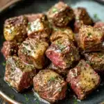 Crockpot garlic butter steak bites - the image shows a plate of cooked steak on a wooden table. the steak appears to be medium-rare and has a pinkish-red color. it is garnished with chopped herbs and sesame seeds. the plate is black and there are small pieces of potatoes scattered around the plate. the background is blurred, but it seems to be a rustic kitchen countertop.