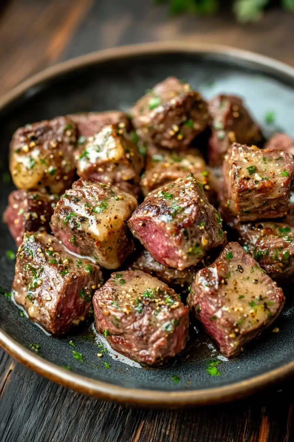 Crockpot garlic butter steak bites - the image shows a plate of cooked steak on a wooden table. the steak appears to be medium-rare and has a pinkish-red color. it is garnished with chopped herbs and sesame seeds. the plate is black and there are small pieces of potatoes scattered around the plate. the background is blurred, but it seems to be a rustic kitchen countertop.