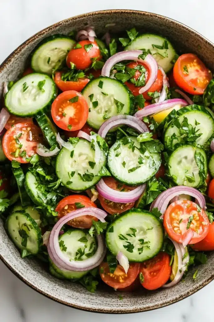 Cucumber tomato onion salad lemon - the image is a close-up of a bowl of salad. the salad is made up of sliced cucumbers, red onions, cherry tomatoes, and cilantro. the cucumbers are cut into thin slices and are arranged in a circular pattern. the tomatoes are bright red and appear to be ripe and juicy. the onions are sliced into thin strips and are scattered throughout the salad, with some of them overlapping each other. the cilantro is finely chopped and adds a pop of green color to the dish. the bowl is made of a light-colored ceramic or ceramic material and is sitting on a white marble countertop.