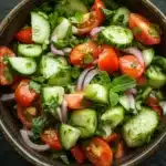 Cucumber tomato salad lebanese - the image is a close-up of a bowl of salad. the salad is made up of sliced cucumbers, cherry tomatoes, red onions, and fresh mint leaves. the cucumbers are cut into thin slices and are arranged in a circular pattern. the tomatoes are bright red and appear to be fresh, while the onions are sliced into thin strips. the mint leaves are scattered throughout the salad, adding a pop of green color to the dish. the bowl is made of dark wood and is placed on a dark grey surface. there are a few sprigs of fresh mint scattered around the bowl, adding texture and depth to the image.
