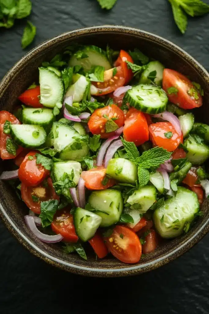 Cucumber tomato salad lebanese - the image is a close-up of a bowl of salad. the salad is made up of sliced cucumbers, cherry tomatoes, red onions, and fresh mint leaves. the cucumbers are cut into thin slices and are arranged in a circular pattern. the tomatoes are bright red and appear to be fresh, while the onions are sliced into thin strips. the mint leaves are scattered throughout the salad, adding a pop of green color to the dish. the bowl is made of dark wood and is placed on a dark grey surface. there are a few sprigs of fresh mint scattered around the bowl, adding texture and depth to the image.