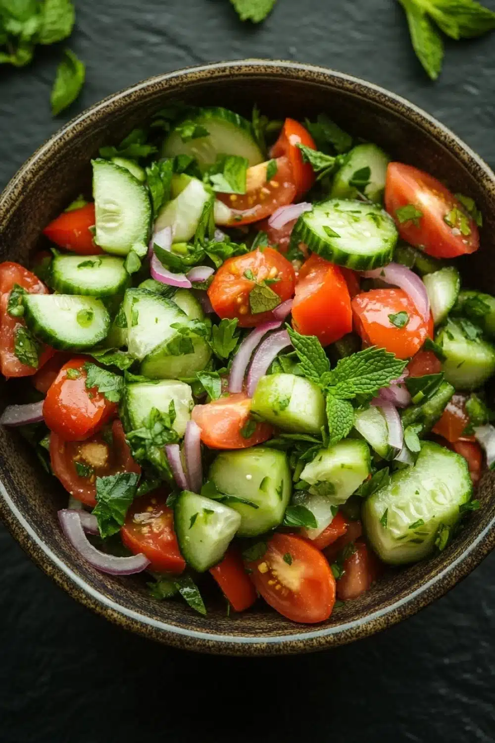 Cucumber tomato salad lebanese - the image is a close-up of a bowl of salad. the salad is made up of sliced cucumbers, cherry tomatoes, red onions, and fresh mint leaves. the cucumbers are cut into thin slices and are arranged in a circular pattern. the tomatoes are bright red and appear to be fresh, while the onions are sliced into thin strips. the mint leaves are scattered throughout the salad, adding a pop of green color to the dish. the bowl is made of dark wood and is placed on a dark grey surface. there are a few sprigs of fresh mint scattered around the bowl, adding texture and depth to the image.