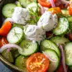 Cucumber tomato salad vinegar sour cream - the image is a close-up of a salad in a wooden bowl. the salad is made up of sliced cucumbers, red onions, and cherry tomatoes. the cucumbers are cut into thin slices and are arranged in a circular pattern. the tomatoes are bright red and appear to be ripe and juicy. the onions are sliced into thin strips and are scattered throughout the salad. on top of the cucumbers and tomatoes, there is a dollop of sour cream with dill sprinkled on top. the bowl is sitting on a dark blue tablecloth.
