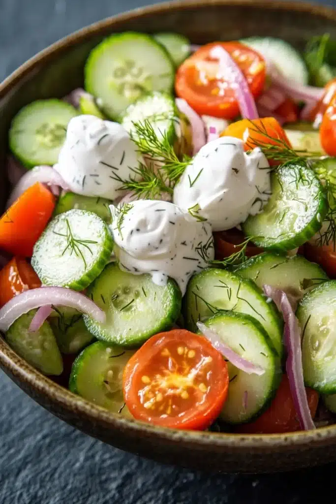 Cucumber tomato salad vinegar sour cream - the image is a close-up of a salad in a wooden bowl. the salad is made up of sliced cucumbers, red onions, and cherry tomatoes. the cucumbers are cut into thin slices and are arranged in a circular pattern. the tomatoes are bright red and appear to be ripe and juicy. the onions are sliced into thin strips and are scattered throughout the salad. on top of the cucumbers and tomatoes, there is a dollop of sour cream with dill sprinkled on top. the bowl is sitting on a dark blue tablecloth.