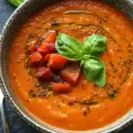 Dairy free roasted red pepper and tomato soup - the image is a close-up of a bowl of tomato soup. the soup is orange in color and has a smooth texture. it is garnished with fresh basil leaves and small pieces of red bell peppers. the bowl is made of ceramic and is sitting on a dark grey surface. there is a silver spoon resting on the side of the bowl. the background is blurred, but it appears to be a kitchen countertop.