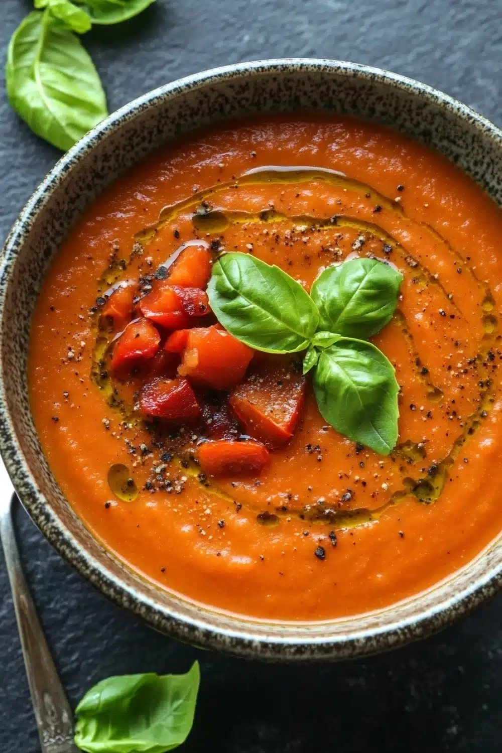 Dairy free roasted red pepper and tomato soup - the image is a close-up of a bowl of tomato soup. the soup is orange in color and has a smooth texture. it is garnished with fresh basil leaves and small pieces of red bell peppers. the bowl is made of ceramic and is sitting on a dark grey surface. there is a silver spoon resting on the side of the bowl. the background is blurred, but it appears to be a kitchen countertop.