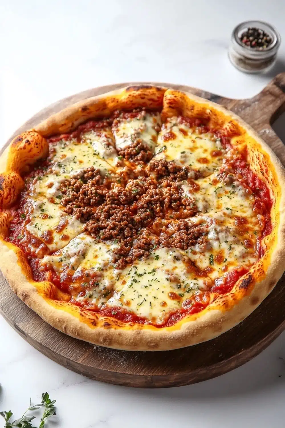 Deep dish pizza premade dough - the image is of a freshly baked pizza on a wooden cutting board. the pizza is round and has a golden brown crust. it is topped with melted cheese, red sauce, and chunks of ground meat. there are also some herbs scattered on top of the cheese. on the right side of the cutting board, there is a small jar of black peppercorns. the cutting board is placed on a white marble countertop.