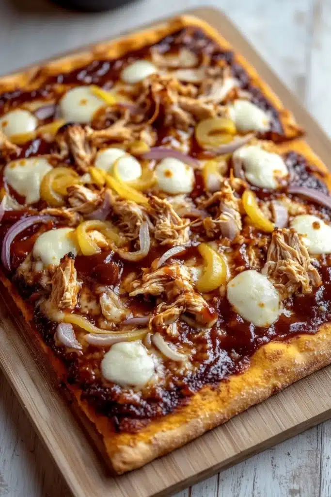 Detroit style bbq chicken pizza - the image is of a square pizza on a wooden cutting board. the pizza has a golden brown crust and is topped with shredded chicken, sliced onions, and mozzarella cheese. the chicken is cooked to a medium-rare and appears to be seasoned with herbs and spices. the cheese is melted and bubbly, and the sauce is a deep red color. the cutting board is placed on a white wooden table.