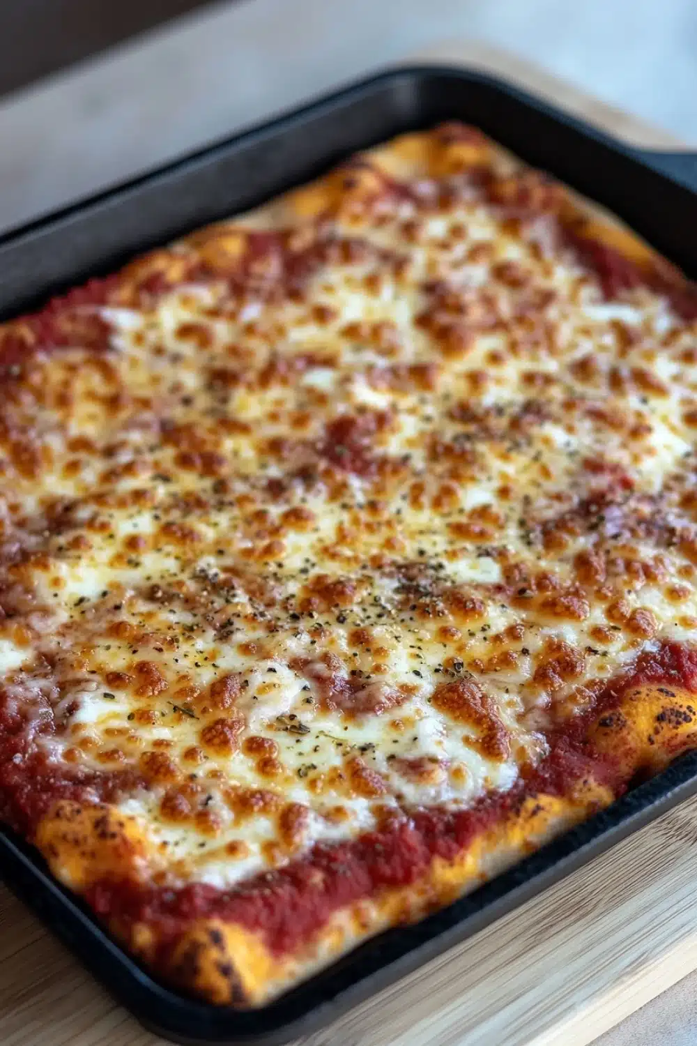 Detroit style pizza in cast iron - the image shows a rectangular baking tray with a freshly baked pizza in it. the pizza has a golden brown crust and is topped with melted cheese and red sauce. the cheese is melted and bubbly, and there are small black pepper flakes scattered throughout the top. the tray is sitting on a wooden cutting board. the background is blurred, but it appears to be a kitchen countertop.