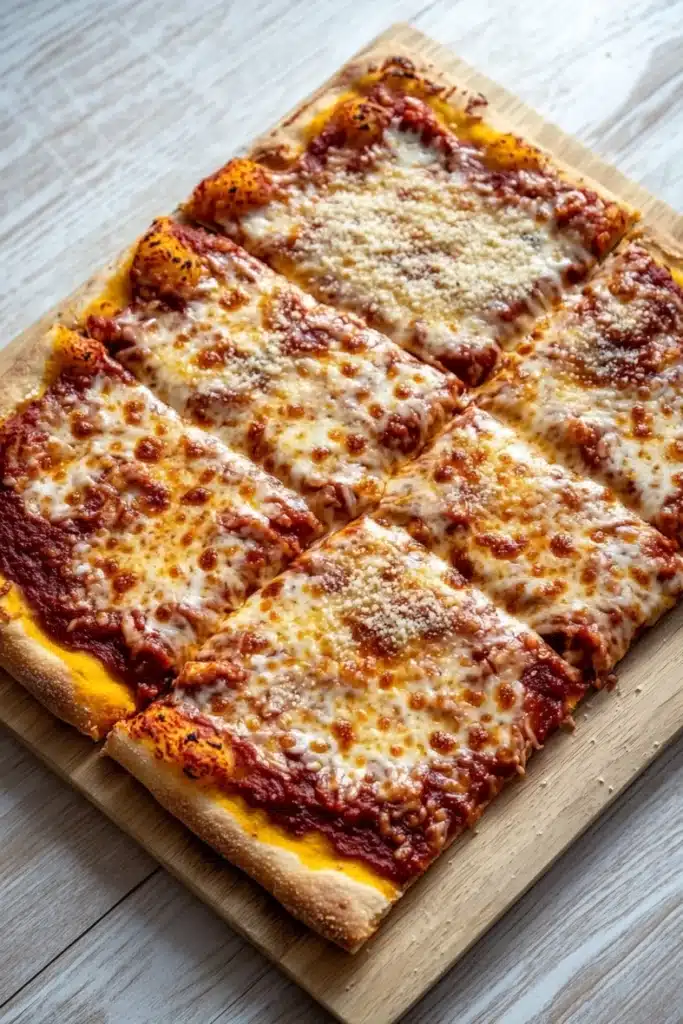 Detroit style pizza with frozen bread dough - the image shows a square pizza on a wooden cutting board. the pizza has a golden brown crust and is topped with melted cheese and tomato sauce. the cheese is golden brown and appears to be melted and bubbly. the tomato sauce is a deep red color and is spread evenly across the top of the pizza. the cutting board is placed on a white wooden table.