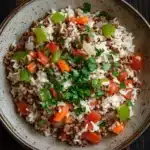 Dinner with ground beef and rice - the image is a close-up of a bowl of food on a wooden table. the bowl is made of ceramic and has a light brown color. the food in the bowl appears to be a mixture of rice, ground beef, diced tomatoes, and green bell peppers. the rice is white and fluffy, and there are small pieces of minced meat scattered throughout the dish. the vegetables are bright red and appear to be seasoned with herbs and spices. the dish is garnished with a sprig of fresh parsley. the overall appearance of the dish is colorful and appetizing.