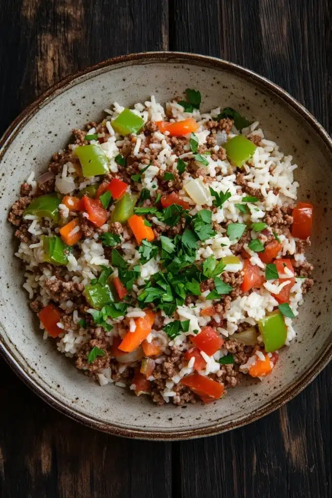 Dinner with ground beef and rice - the image is a close-up of a bowl of food on a wooden table. the bowl is made of ceramic and has a light brown color. the food in the bowl appears to be a mixture of rice, ground beef, diced tomatoes, and green bell peppers. the rice is white and fluffy, and there are small pieces of minced meat scattered throughout the dish. the vegetables are bright red and appear to be seasoned with herbs and spices. the dish is garnished with a sprig of fresh parsley. the overall appearance of the dish is colorful and appetizing.
