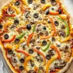 Diy sheet pan pizza - the image is of a large pizza on a wooden cutting board. the pizza is topped with a variety of toppings, including sliced red and yellow bell peppers, sliced mushrooms, and black olives. the toppings are arranged in a circular pattern, with some overlapping each other. the crust of the pizza is golden brown and appears to be freshly baked. the cutting board is placed on a white countertop with a gray and white striped napkin next to it.