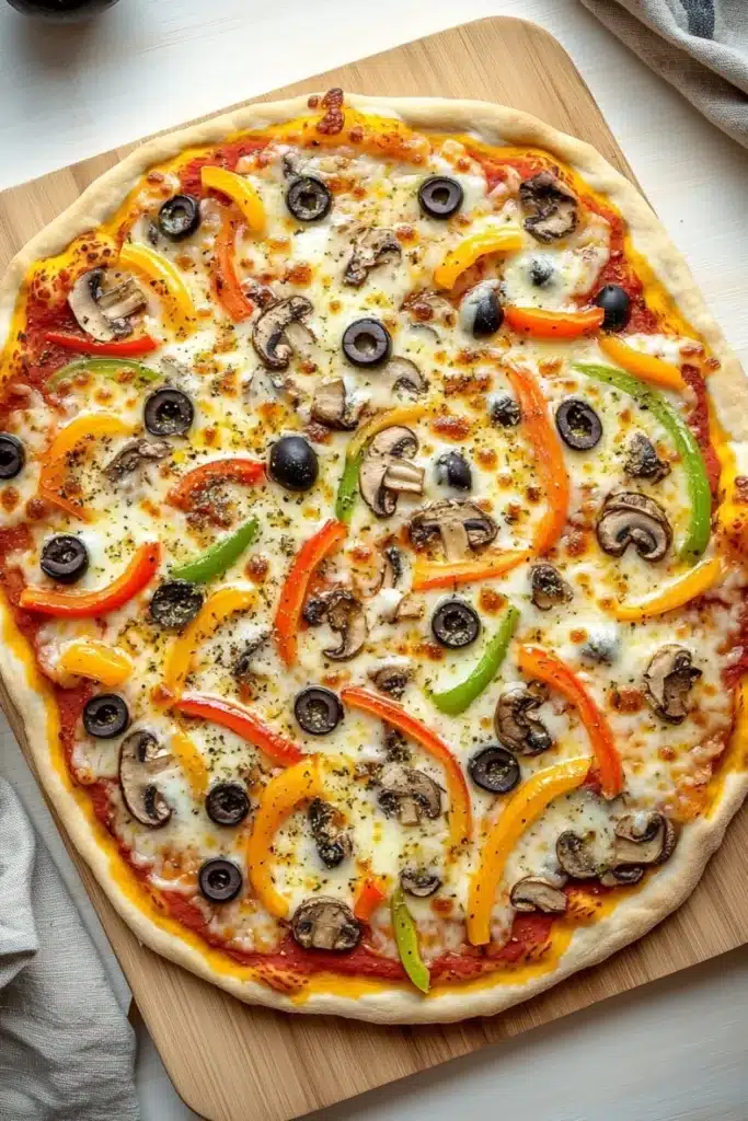 Diy sheet pan pizza - the image is of a large pizza on a wooden cutting board. the pizza is topped with a variety of toppings, including sliced red and yellow bell peppers, sliced mushrooms, and black olives. the toppings are arranged in a circular pattern, with some overlapping each other. the crust of the pizza is golden brown and appears to be freshly baked. the cutting board is placed on a white countertop with a gray and white striped napkin next to it.