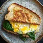 Egg sandwich panini - the image shows a plate with a sandwich on it. the sandwich is made with two slices of toasted bread, with a fried egg on top. the egg is cooked sunny-side up and is oozing out of the sides. the bread is golden brown and appears to be crispy on the outside. there are a few fresh spinach leaves scattered around the plate, adding a pop of green color to the dish. the plate is sitting on a dark grey countertop.