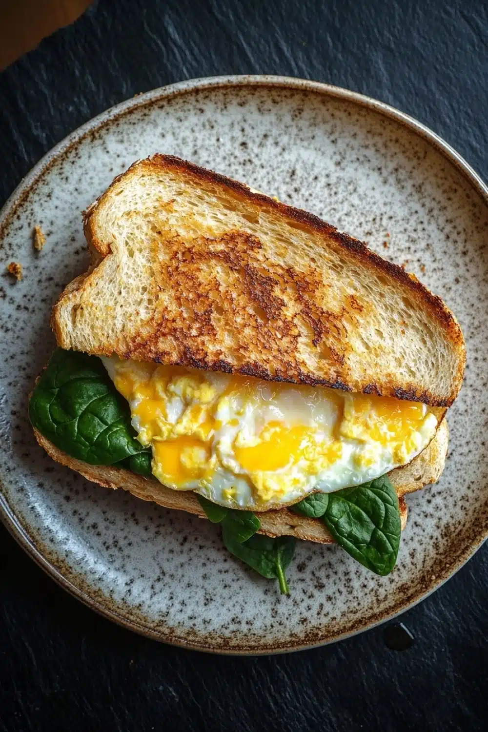 Egg sandwich panini - the image shows a plate with a sandwich on it. the sandwich is made with two slices of toasted bread, with a fried egg on top. the egg is cooked sunny-side up and is oozing out of the sides. the bread is golden brown and appears to be crispy on the outside. there are a few fresh spinach leaves scattered around the plate, adding a pop of green color to the dish. the plate is sitting on a dark grey countertop.