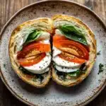 Elevated caprese sandwich - the image shows a plate with two slices of bread on it. the bread appears to be toasted and has a golden brown crust. on top of the bread, there are sliced tomatoes, mozzarella cheese, and fresh basil leaves. the tomatoes are bright red and appear to be seasoned with herbs and spices. the cheese is melted and bubbly, and the basil leaves are scattered around the plate. the plate is sitting on a wooden table.