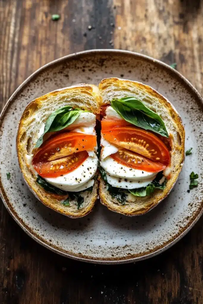 Elevated caprese sandwich - the image shows a plate with two slices of bread on it. the bread appears to be toasted and has a golden brown crust. on top of the bread, there are sliced tomatoes, mozzarella cheese, and fresh basil leaves. the tomatoes are bright red and appear to be seasoned with herbs and spices. the cheese is melted and bubbly, and the basil leaves are scattered around the plate. the plate is sitting on a wooden table.