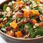 Fall harvest quinoa salad - the image is a close-up of a bowl of salad. the salad is made up of quinoa, butternut squash, cranberries, and pecans. the quinoa is a light brown color and appears to be seasoned with herbs and spices. the butternuts are cut into small cubes and are arranged in a circular pattern. the cranberries are a deep red color and are scattered throughout the salad, adding a pop of color to the dish. there are also some green leaves and nuts scattered throughout, adding texture and depth to the image. the bowl is made of dark brown ceramic and is sitting on a white marble countertop.