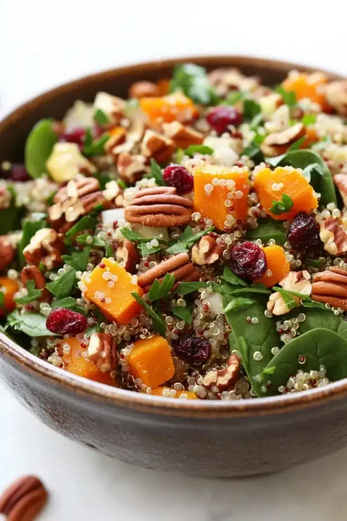 Fall harvest quinoa salad - the image is a close-up of a bowl of salad. the salad is made up of quinoa, butternut squash, cranberries, and pecans. the quinoa is a light brown color and appears to be seasoned with herbs and spices. the butternuts are cut into small cubes and are arranged in a circular pattern. the cranberries are a deep red color and are scattered throughout the salad, adding a pop of color to the dish. there are also some green leaves and nuts scattered throughout, adding texture and depth to the image. the bowl is made of dark brown ceramic and is sitting on a white marble countertop.