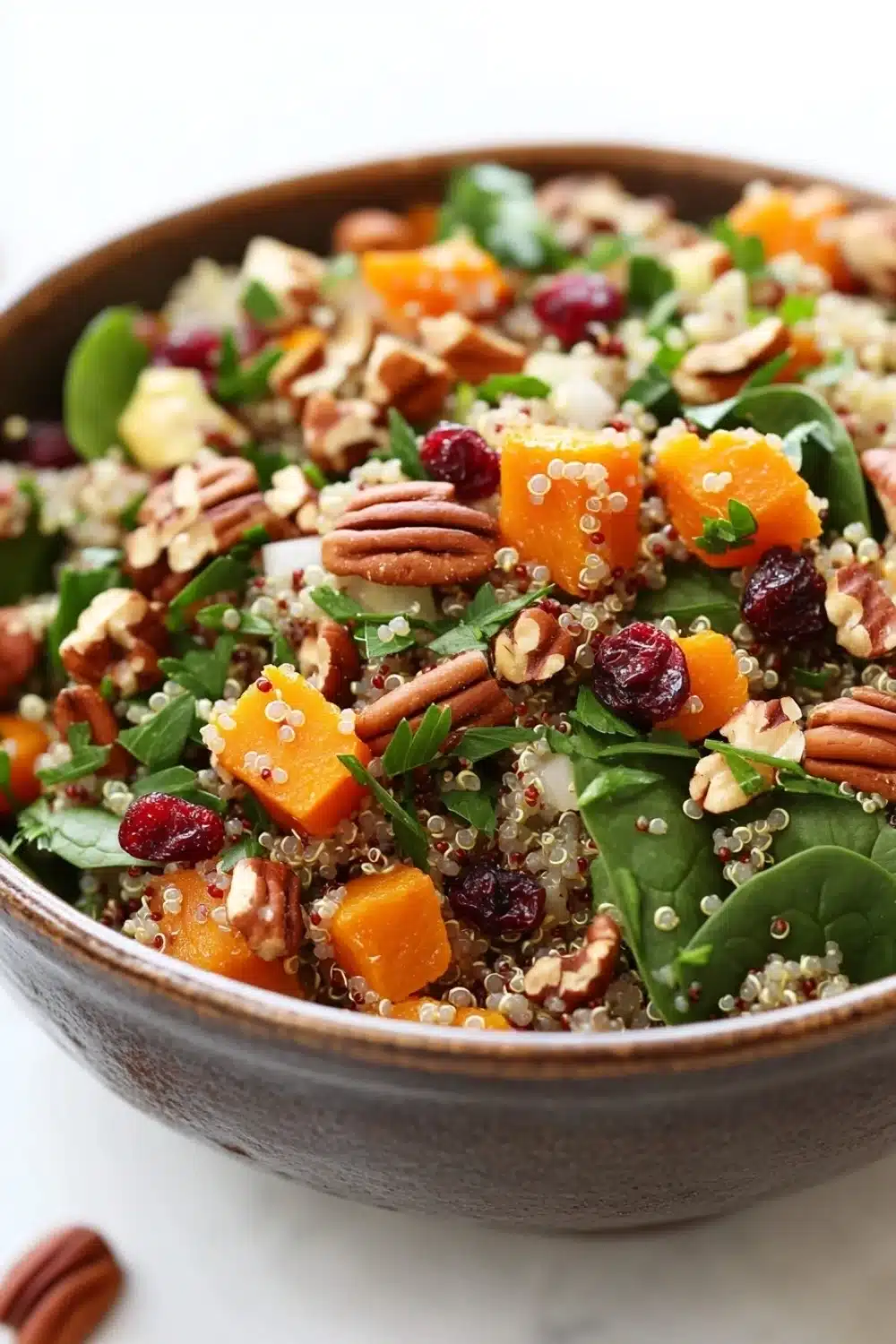Fall harvest quinoa salad - the image is a close-up of a bowl of salad. the salad is made up of quinoa, butternut squash, cranberries, and pecans. the quinoa is a light brown color and appears to be seasoned with herbs and spices. the butternuts are cut into small cubes and are arranged in a circular pattern. the cranberries are a deep red color and are scattered throughout the salad, adding a pop of color to the dish. there are also some green leaves and nuts scattered throughout, adding texture and depth to the image. the bowl is made of dark brown ceramic and is sitting on a white marble countertop.