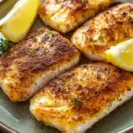 File de tilapia na air fryer - the image shows four pieces of fish fillets on a green plate. the fillets are golden brown and appear to be seasoned with herbs and spices. there are two lemon wedges on either side of the plate, and a sprig of thyme on the side. the plate is sitting on a dark countertop.