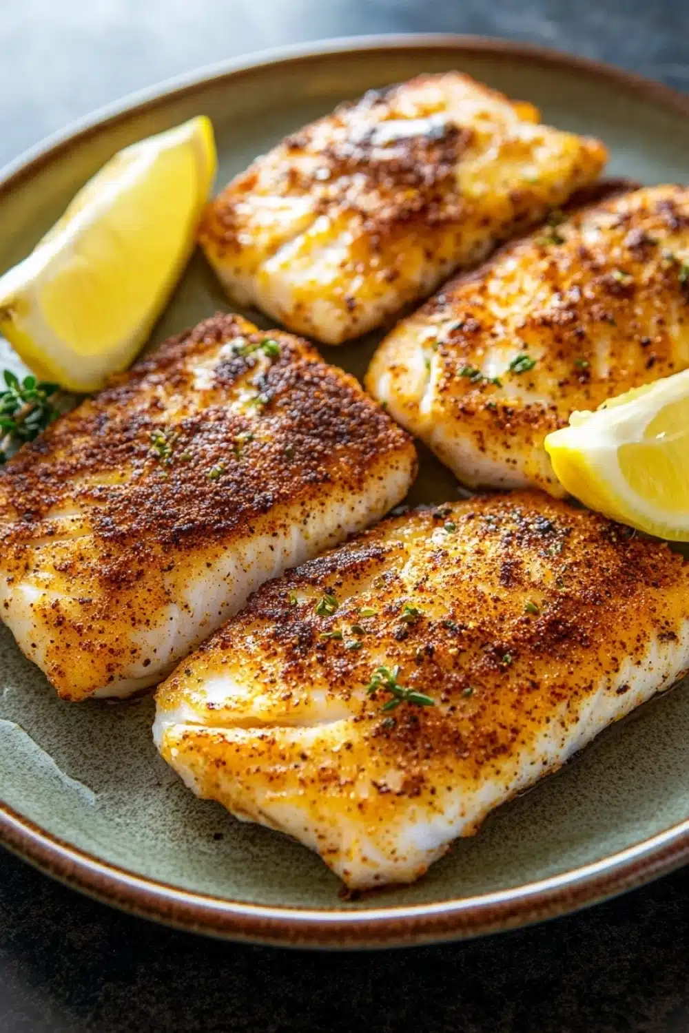 File de tilapia na air fryer - the image shows four pieces of fish fillets on a green plate. the fillets are golden brown and appear to be seasoned with herbs and spices. there are two lemon wedges on either side of the plate, and a sprig of thyme on the side. the plate is sitting on a dark countertop.