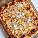 Full sheet pan pizza - the image shows a square pizza on a wooden cutting board. the pizza has a golden brown crust and is topped with melted cheese and small black olives. the cheese is spread evenly over the top of the pizza, creating a layer of red sauce. the olives are arranged in a circular pattern around the edges of the crust. the cutting board is resting on a white marble countertop.
