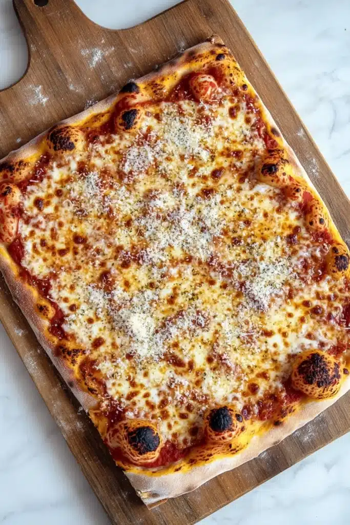 Full sheet pan pizza - the image shows a square pizza on a wooden cutting board. the pizza has a golden brown crust and is topped with melted cheese and small black olives. the cheese is spread evenly over the top of the pizza, creating a layer of red sauce. the olives are arranged in a circular pattern around the edges of the crust. the cutting board is resting on a white marble countertop.