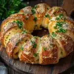 Garlic bread wreath - the image shows a freshly baked loaf of bread on a wooden cutting board. the bread is golden brown in color and has a criss-cross pattern on top. it is covered in a layer of melted cheese and sprinkled with chopped parsley. there is a small bowl of butter on the side of the cutting board and a few sprigs of parsley scattered around. the cutting board is placed on a dark wooden table with a white cloth napkin in the background.