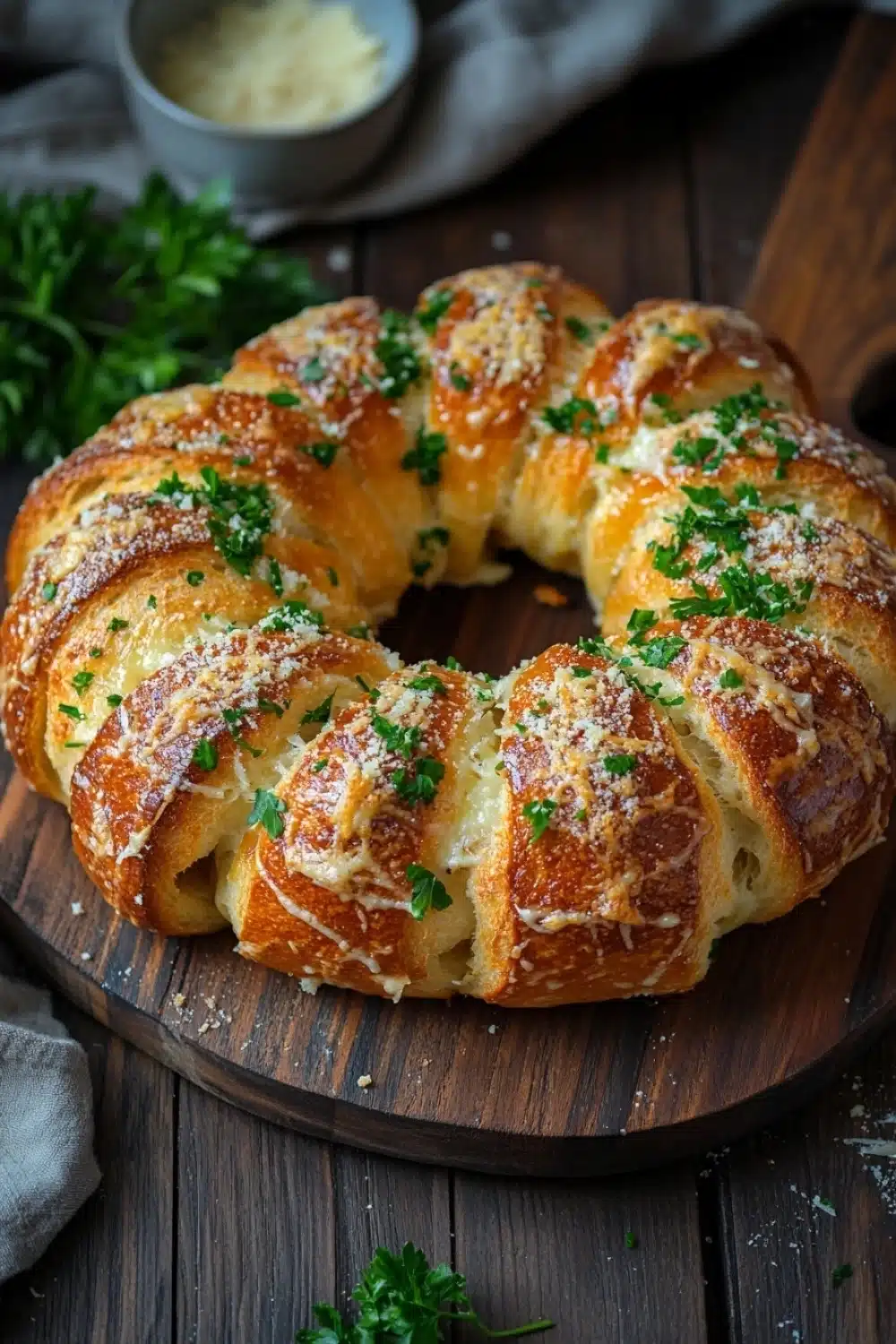 Garlic bread wreath - the image shows a freshly baked loaf of bread on a wooden cutting board. the bread is golden brown in color and has a criss-cross pattern on top. it is covered in a layer of melted cheese and sprinkled with chopped parsley. there is a small bowl of butter on the side of the cutting board and a few sprigs of parsley scattered around. the cutting board is placed on a dark wooden table with a white cloth napkin in the background.