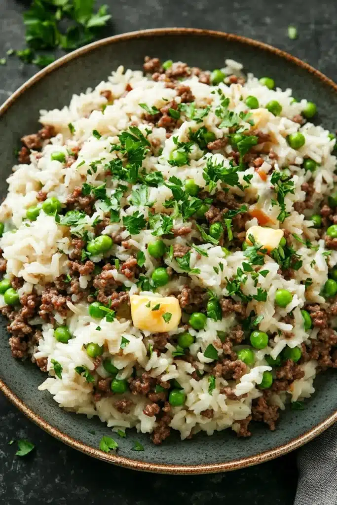 Garlic butter beef rice skillet - the image is a close-up of a dish in a black bowl. the dish appears to be a type of rice or risotto, with chunks of ground beef and peas mixed in. the rice is white and fluffy, and the peas are bright green. there are also small pieces of diced potatoes scattered throughout the dish, adding a pop of color and texture. the bowl is garnished with a sprig of fresh parsley. the background is a dark grey countertop, and there are a few sprigs of parsley scattered around the bowl.