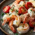 Garlic butter shrimp bake - the image is a close-up of a plate of food. the plate is made of dark brown ceramic and has a textured surface. on top of the plate, there are several large shrimp arranged in a circular pattern. the shrimp are pink and appear to be cooked. they are garnished with chopped herbs and cherry tomatoes. there is also a dollop of parmesan cheese on the side. the dish is served on a wooden table with a sprig of parsley in the background.