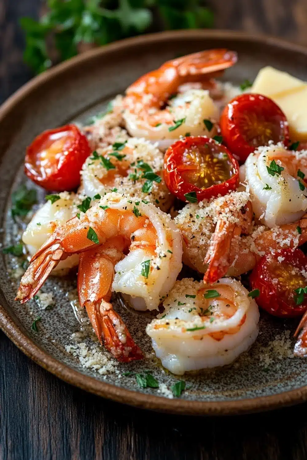 Garlic butter shrimp bake - the image is a close-up of a plate of food. the plate is made of dark brown ceramic and has a textured surface. on top of the plate, there are several large shrimp arranged in a circular pattern. the shrimp are pink and appear to be cooked. they are garnished with chopped herbs and cherry tomatoes. there is also a dollop of parmesan cheese on the side. the dish is served on a wooden table with a sprig of parsley in the background.
