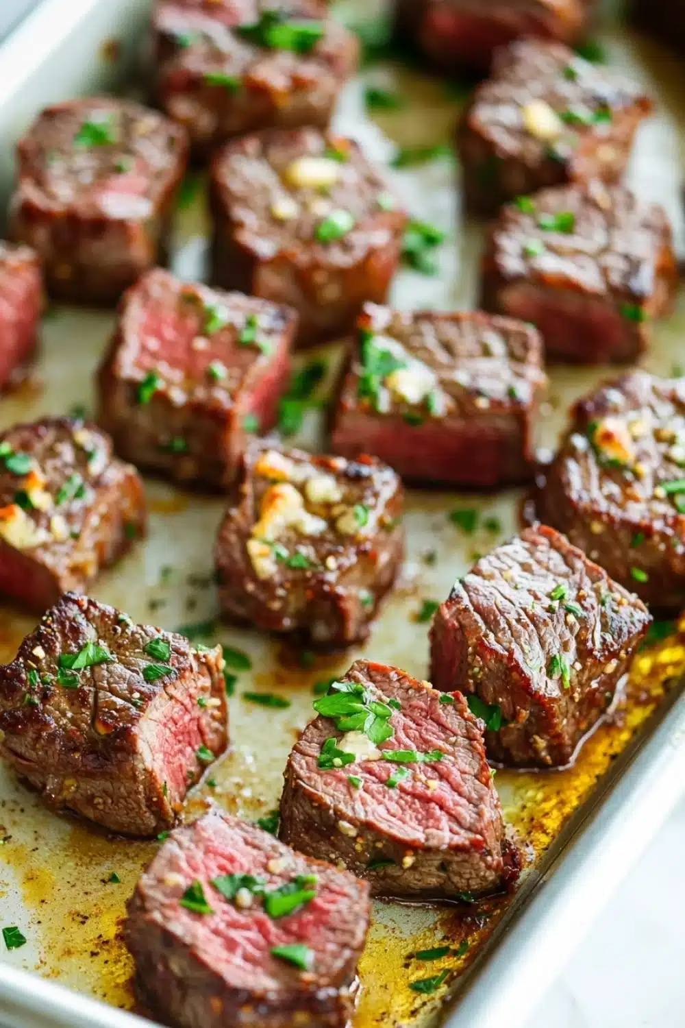 Garlic butter steak bites chuck roast - the image shows a baking tray with several pieces of cooked steak on it. the steak appears to be medium-rare and has a pinkish-red color. it is garnished with chopped herbs and a sprinkle of herbs on top. the tray is lined with parchment paper and there is a drizzle of sauce on the side. the background is blurred, but it seems to be a kitchen countertop.
