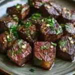 Garlic butter steak bites ingredients - the image shows a plate of cooked steak on a wooden table. the steak appears to be medium-rare and has a dark brown color. it is garnished with chopped parsley and pine nuts. the plate is round and has an olive green rim. the background is blurred, making the steak the focal point of the image.